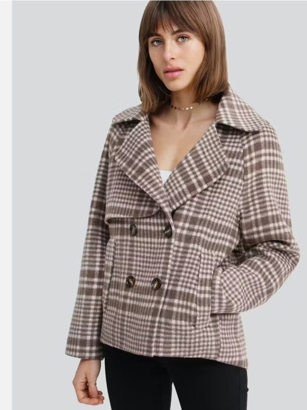 NWOT Belle & Bloom Checked Wool-Blend Peacoat Jacket - Brown/Cream